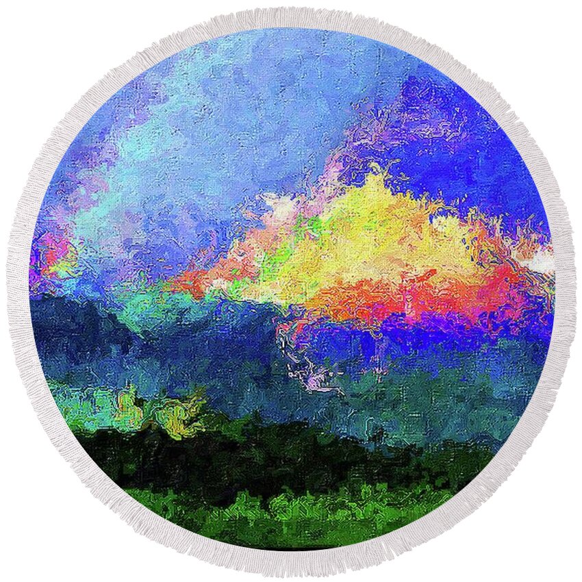 Landscape Round Beach Towel featuring the mixed media Rainbow Mountain - Breaking the Gridlock of Hate Number 5 by Aberjhani