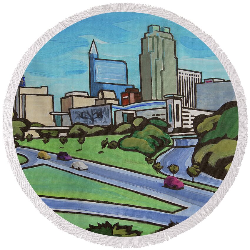 Raleigh Round Beach Towel featuring the painting Raleigh Skyline cartoon 16 x 20 ratio by Tommy Midyette