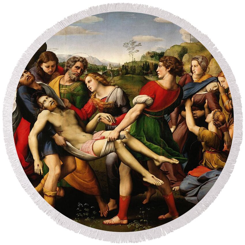 Heilige Maria Magdalena Round Beach Towel featuring the painting Raphael / 'The Deposition -Pala Baglione-', 1507, Oil on wood, 184 x 176 cm. JESUS. MARY MAGDALENE. by Raphael -1483-1520-