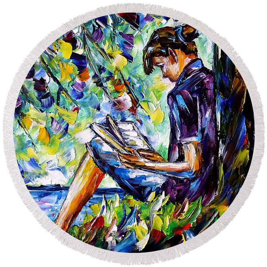 Girl With A Book Round Beach Towel featuring the painting Reading By The River by Mirek Kuzniar