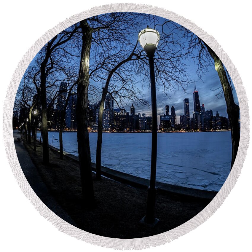 Chicago Skyline Round Beach Towel featuring the photograph really wide view of Chicago's lakefront by Sven Brogren
