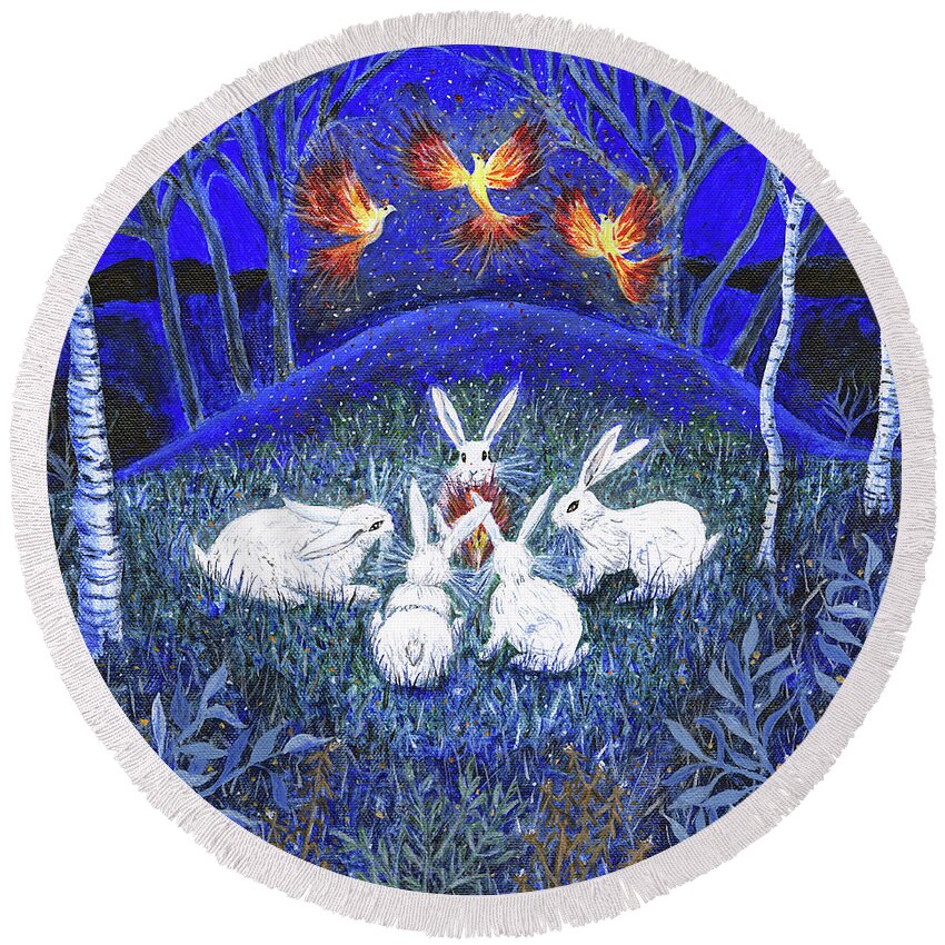 Firebirds Round Beach Towel featuring the painting Rebirth of the Firebirds by Lise Winne