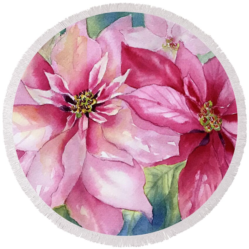 Poinsettia Round Beach Towel featuring the painting Red and Pink Poinsettias by Hilda Vandergriff