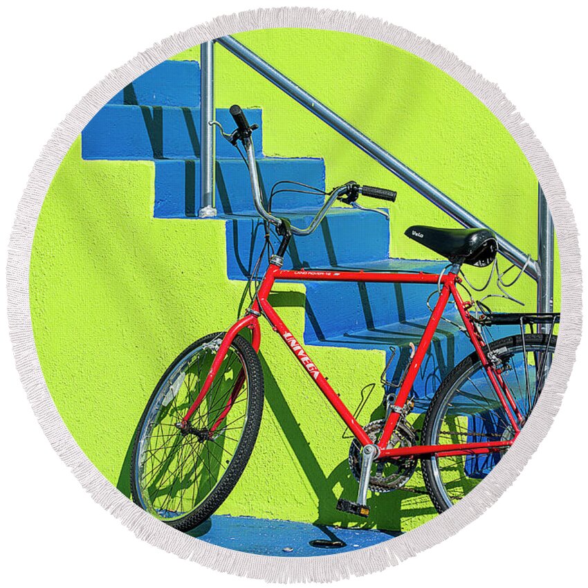 Bicycle Round Beach Towel featuring the photograph Red Bicycle by Lenore Locken