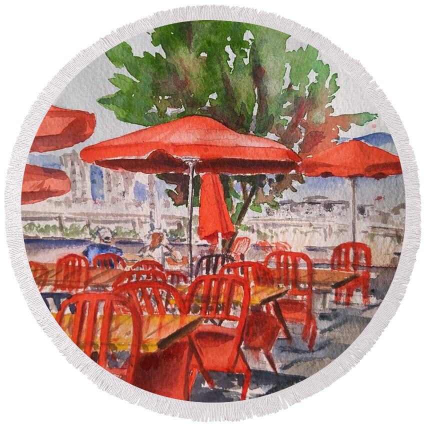 Red Round Beach Towel featuring the painting Red Chairs, Red Umbrellas by Sonia Mocnik