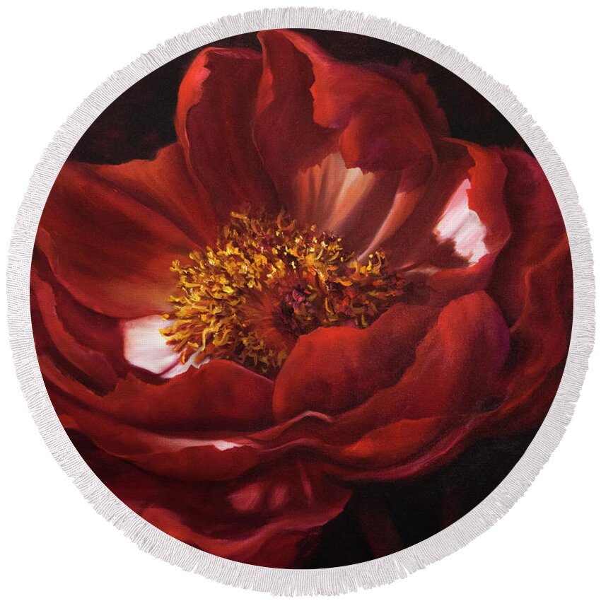 Red Flower Round Beach Towel featuring the painting Red Peonie Macro Painting by Lynne Pittard