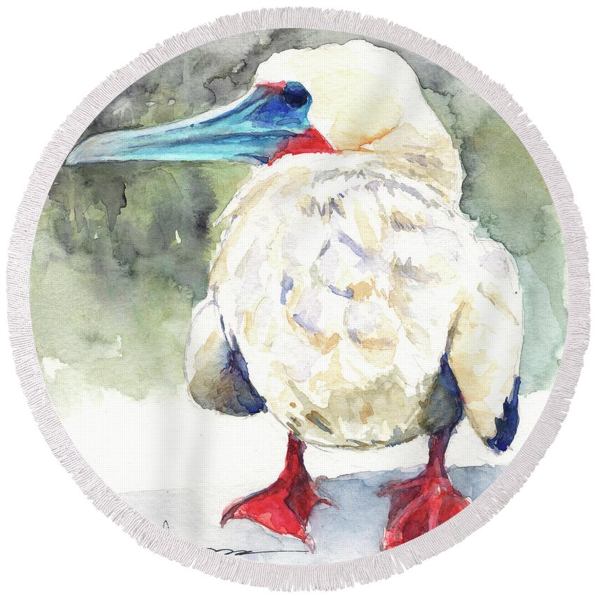 Redfootedbooby Round Beach Towel featuring the painting Red-footed Booby Chick by Claudia Hafner