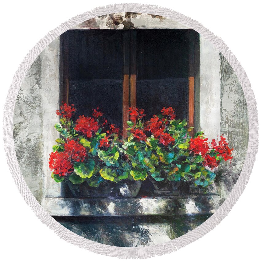 Red Geraniums Round Beach Towel featuring the painting Red Geraniums Window by Lynne Pittard