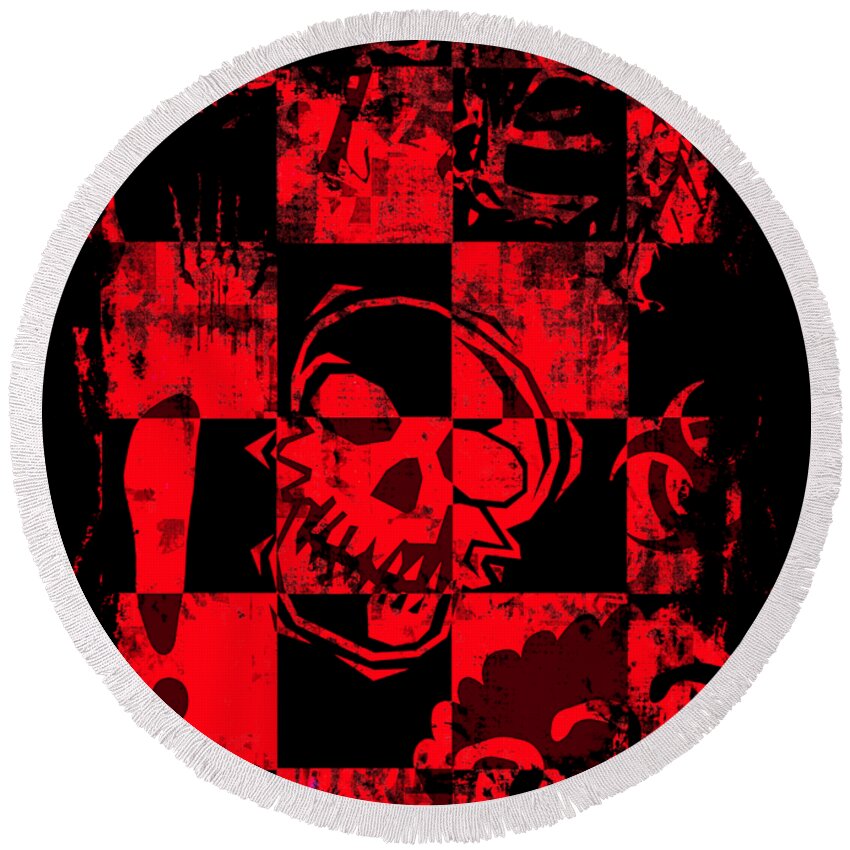 Grunge Round Beach Towel featuring the digital art Red Grunge Skull Graphic by Roseanne Jones