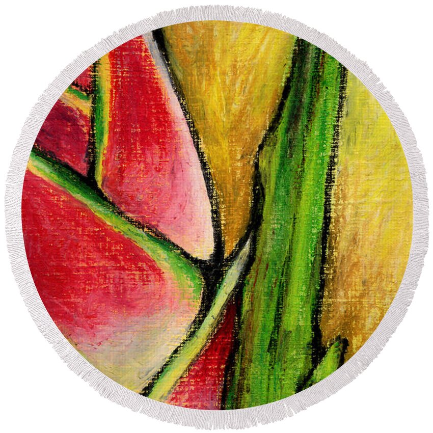 Tropical Round Beach Towel featuring the pastel Red Heliconia by AnneMarie Welsh