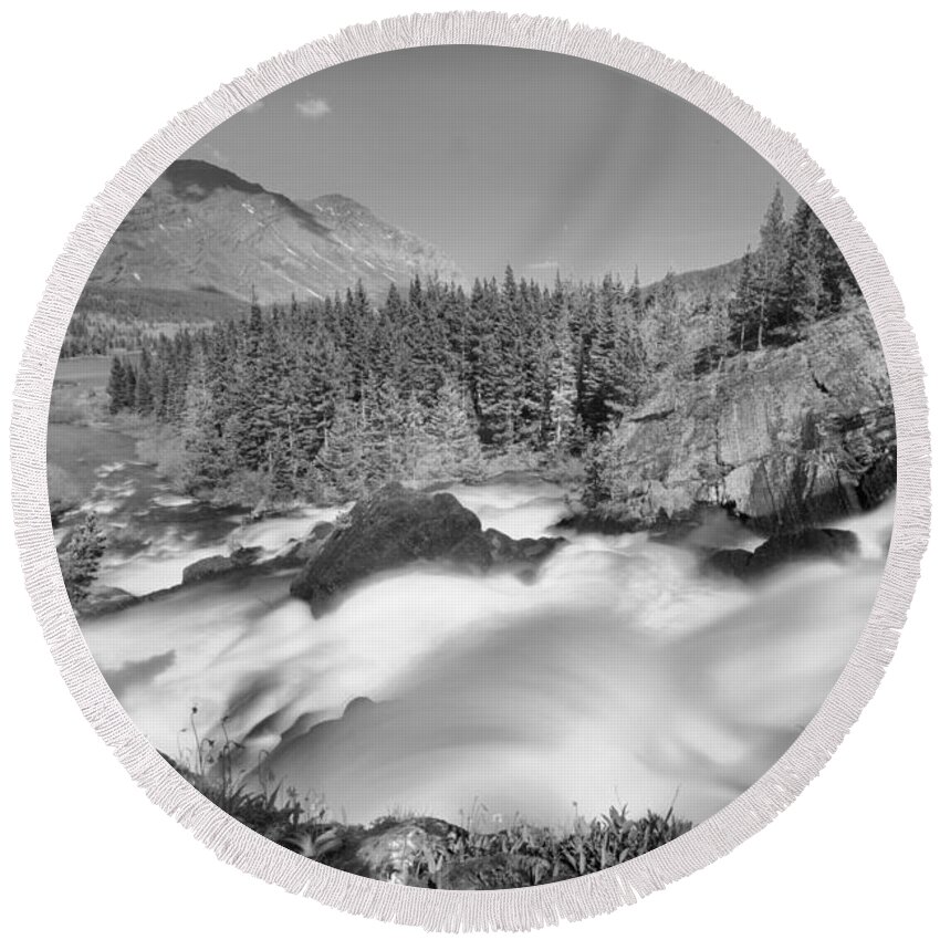 Red Rock Falls Round Beach Towel featuring the photograph Red Rock Falls Spring Gusher Black And White by Adam Jewell