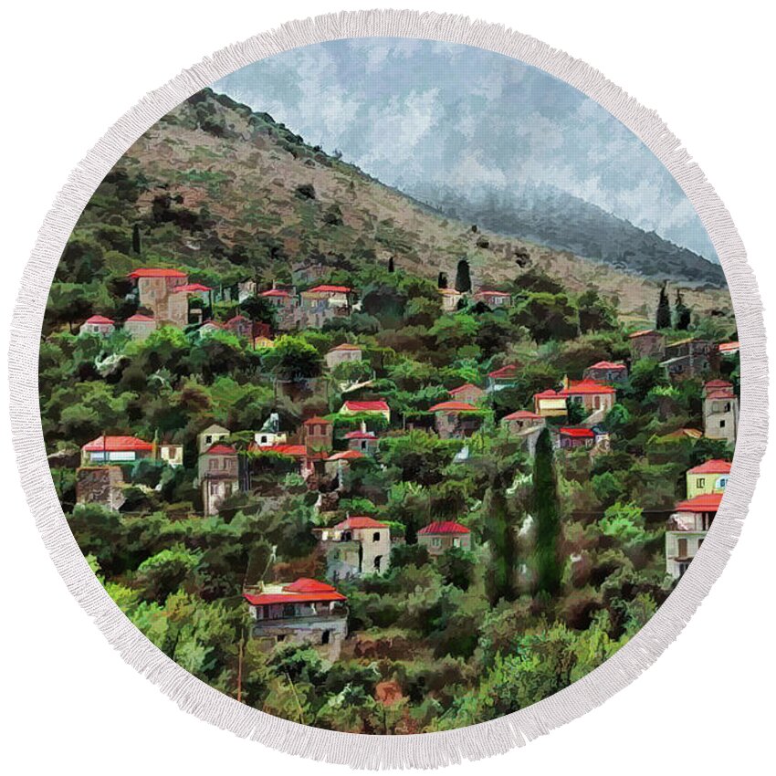 Mountain Round Beach Towel featuring the photograph Red Roofs on the Hill by Aleksander Rotner