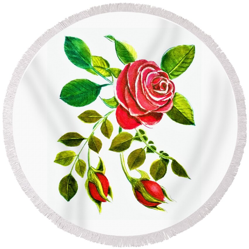 Red Round Beach Towel featuring the painting Red Rose Watercolor by Delynn Addams for Home Decor by Delynn Addams