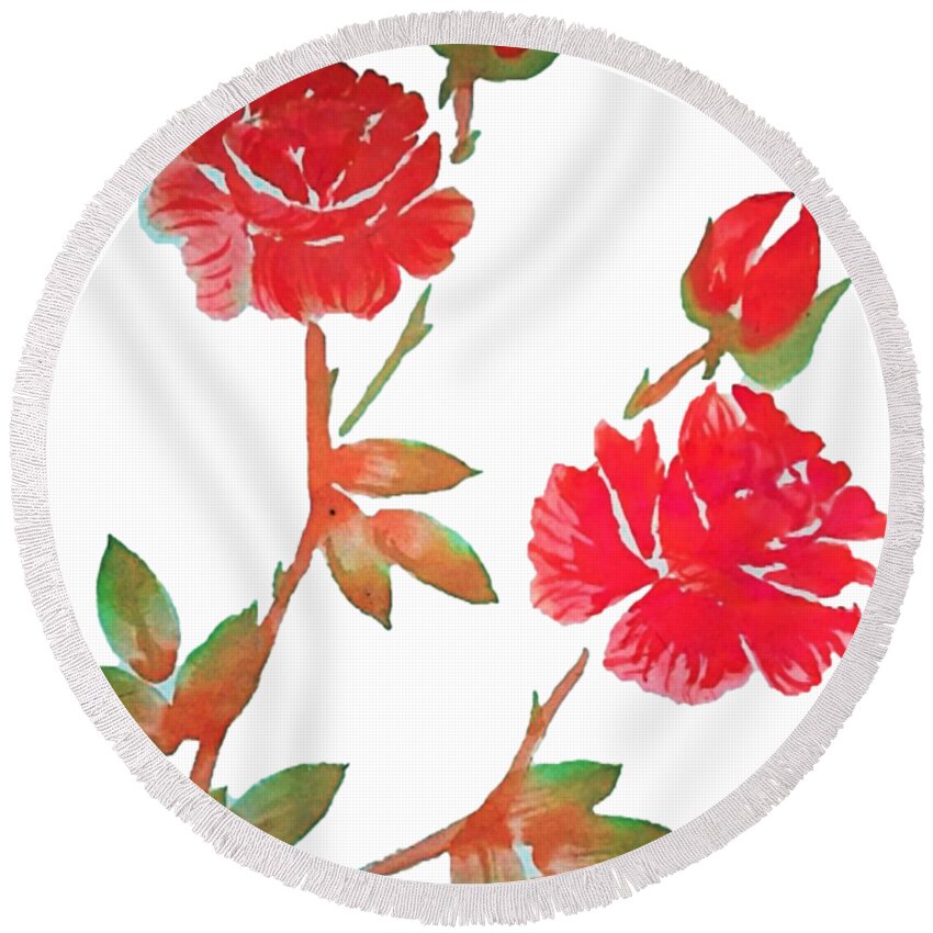 Red Round Beach Towel featuring the painting Red Rose Watercolor Transparent Background by Delynn Addams