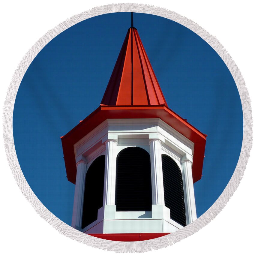 Architectural Round Beach Towel featuring the photograph Red Spire Against Blue Sky by Mike McBrayer