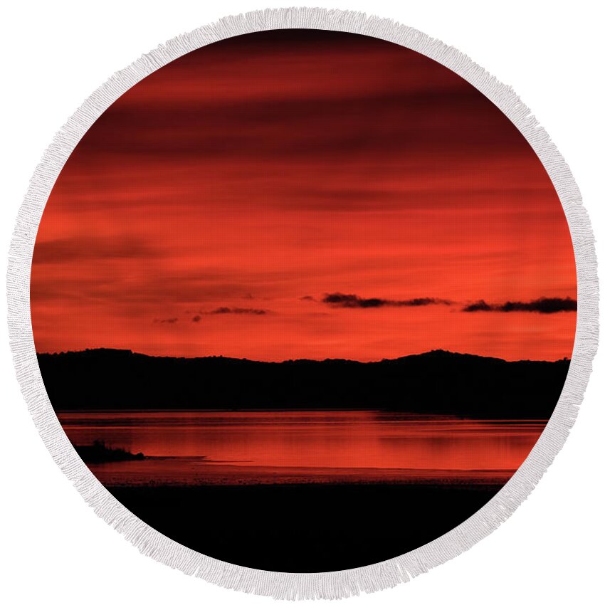 Sweden Round Beach Towel featuring the pyrography Red sunset by Magnus Haellquist