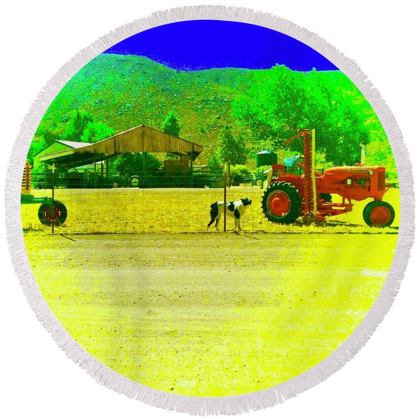 Farm Round Beach Towel featuring the photograph Red Tractor for Sale by Debra Grace Addison