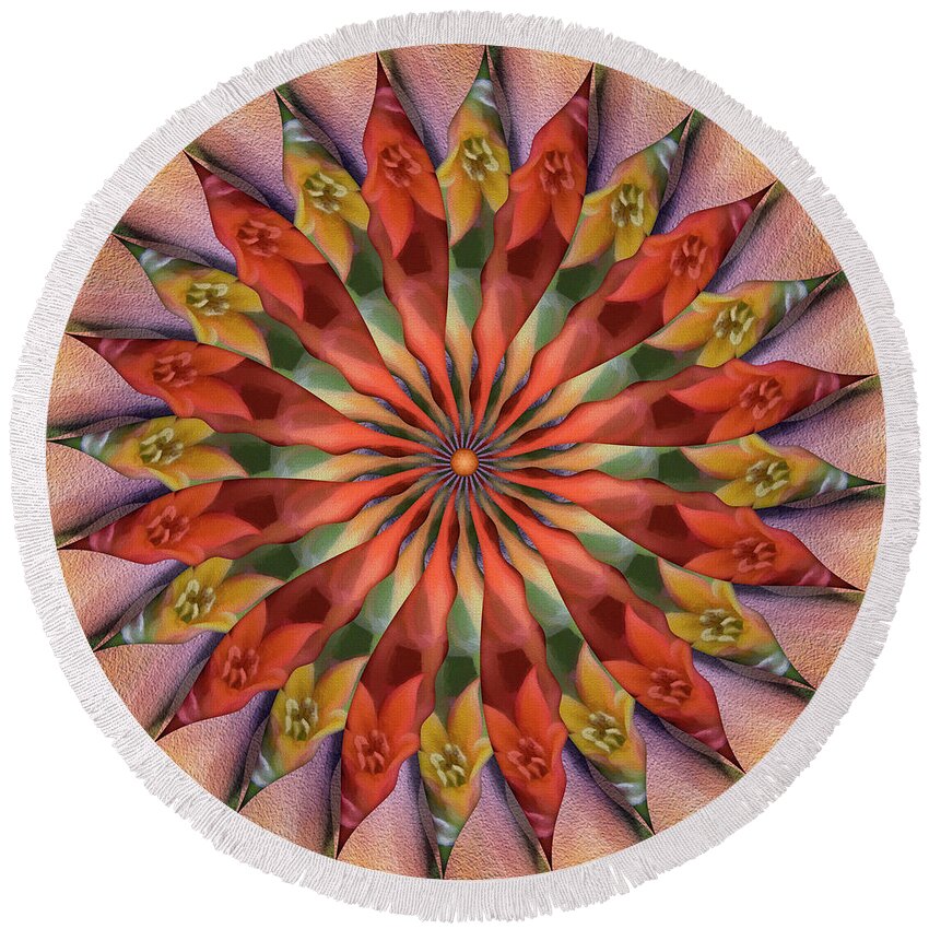 Spin-flower Mandala Round Beach Towel featuring the digital art Red Velvet Quillineum by Becky Titus