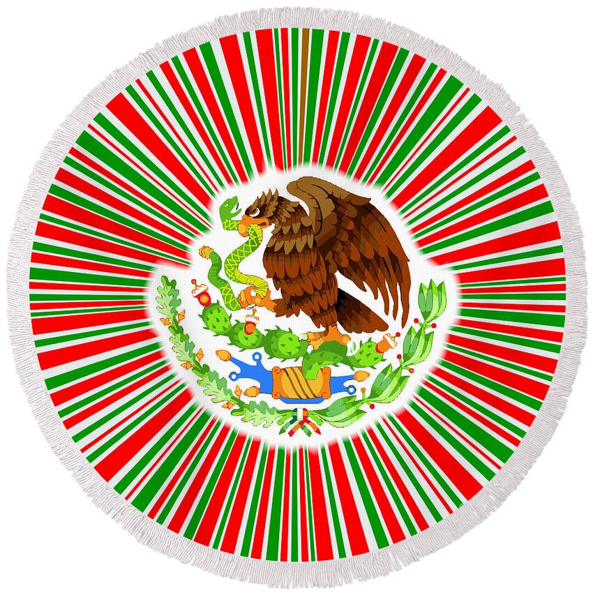 Mexico Round Beach Towel featuring the digital art Red White And Green Rays Background With Mexican Flag Icon by Bigalbaloo Stock