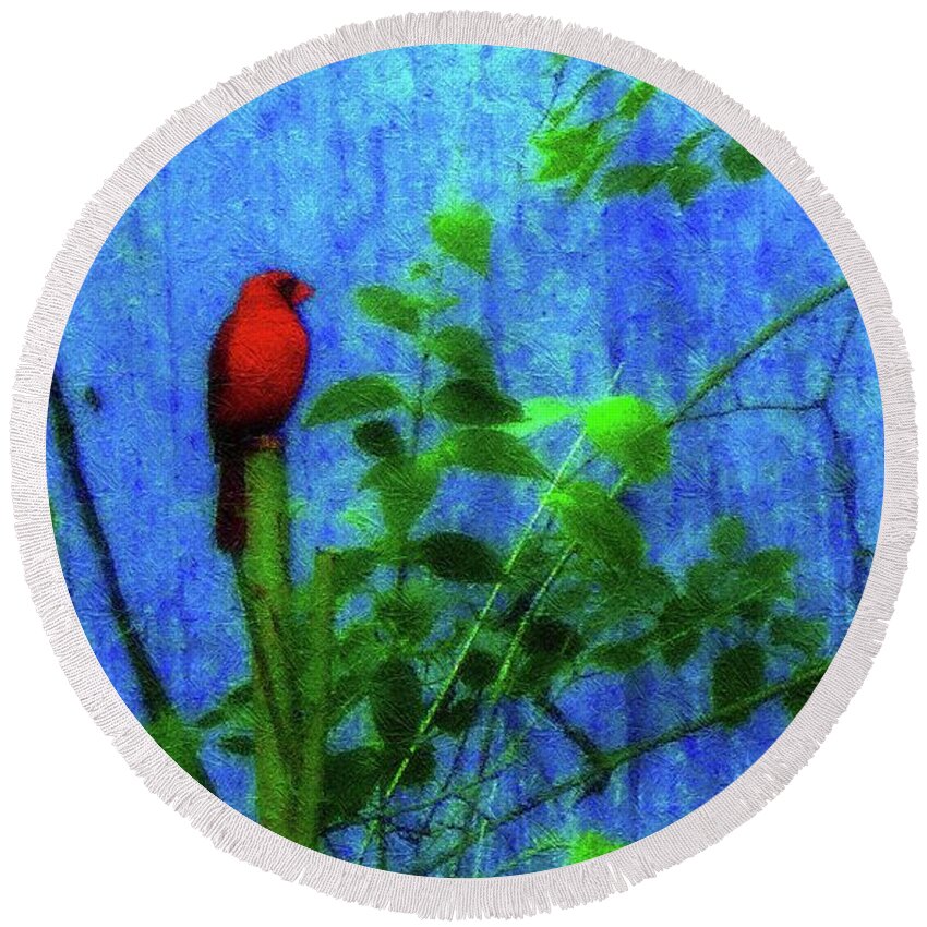 Earth Day Round Beach Towel featuring the photograph Redbird Enjoying the Clarity of a Blue and Green Moment by Aberjhani