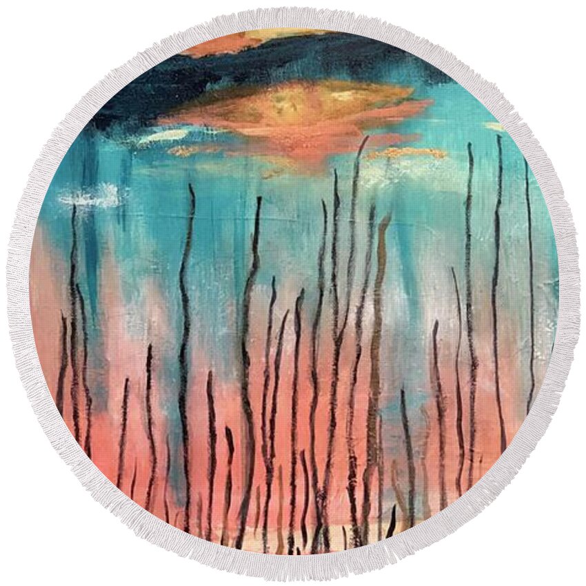 Water Round Beach Towel featuring the painting Reeds at sunset by Laura Jaffe