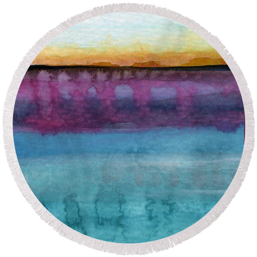 Abstract Landscape Painting Round Beach Towel featuring the painting Reflection by Linda Woods