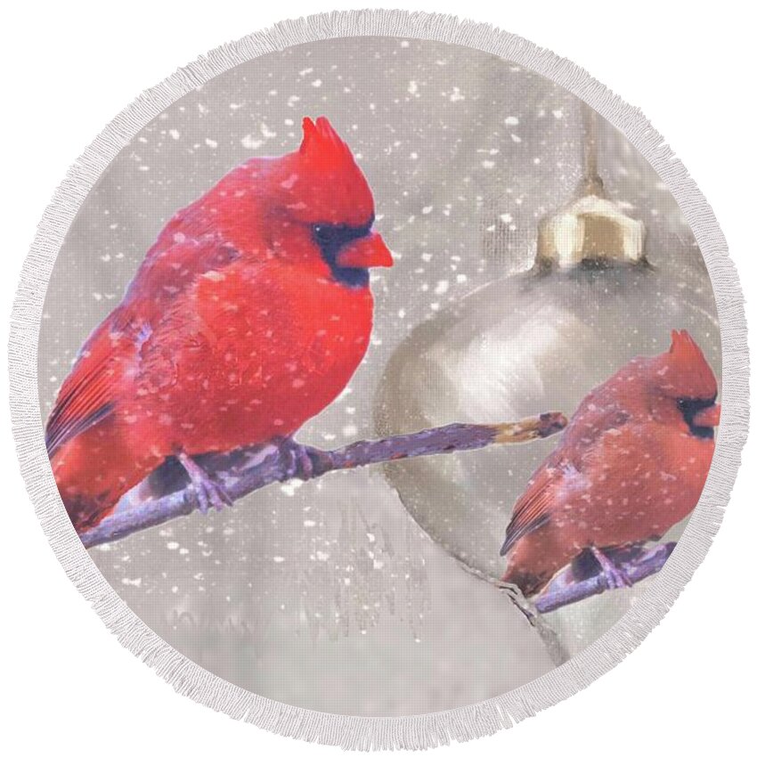 Cardinal Bird Male Avian Beak Feathers Red Christmas Ornament Snow Christmas Nature Reflection Red Silver Round Beach Towel featuring the digital art Reflection of a Cardinal by Janette Boyd