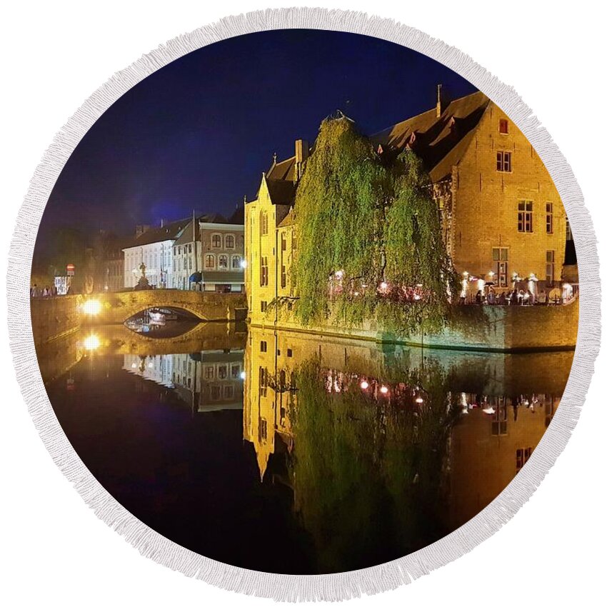 City Round Beach Towel featuring the photograph Bruges at Night by Andrea Whitaker