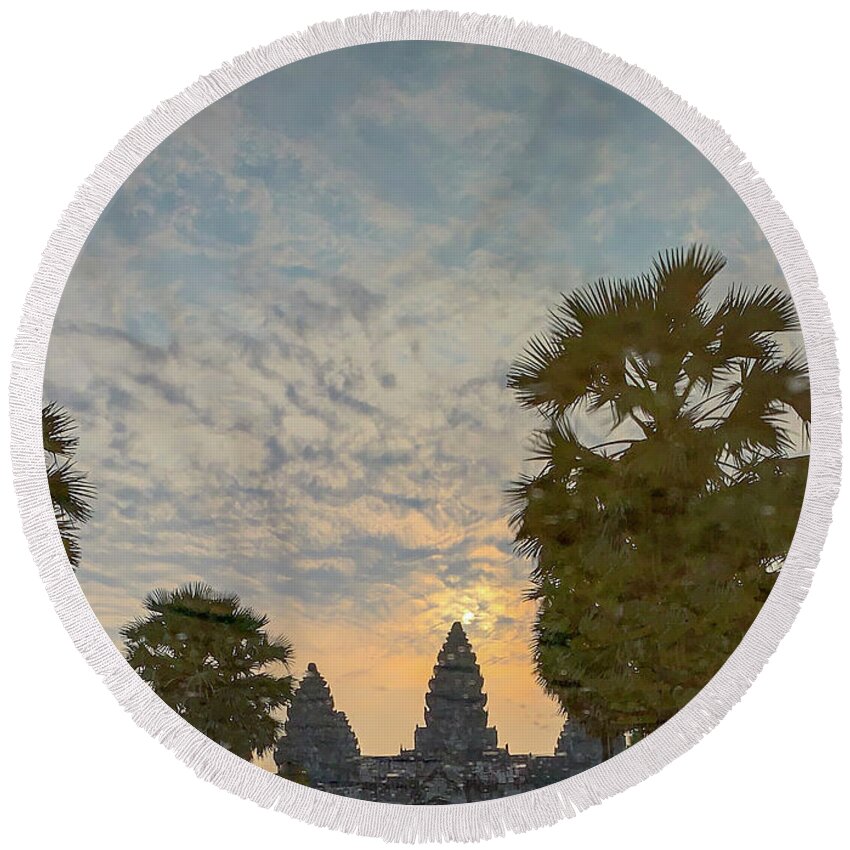 Ancient Round Beach Towel featuring the photograph Reflection of sunrise in Angkor Wat by Karen Foley