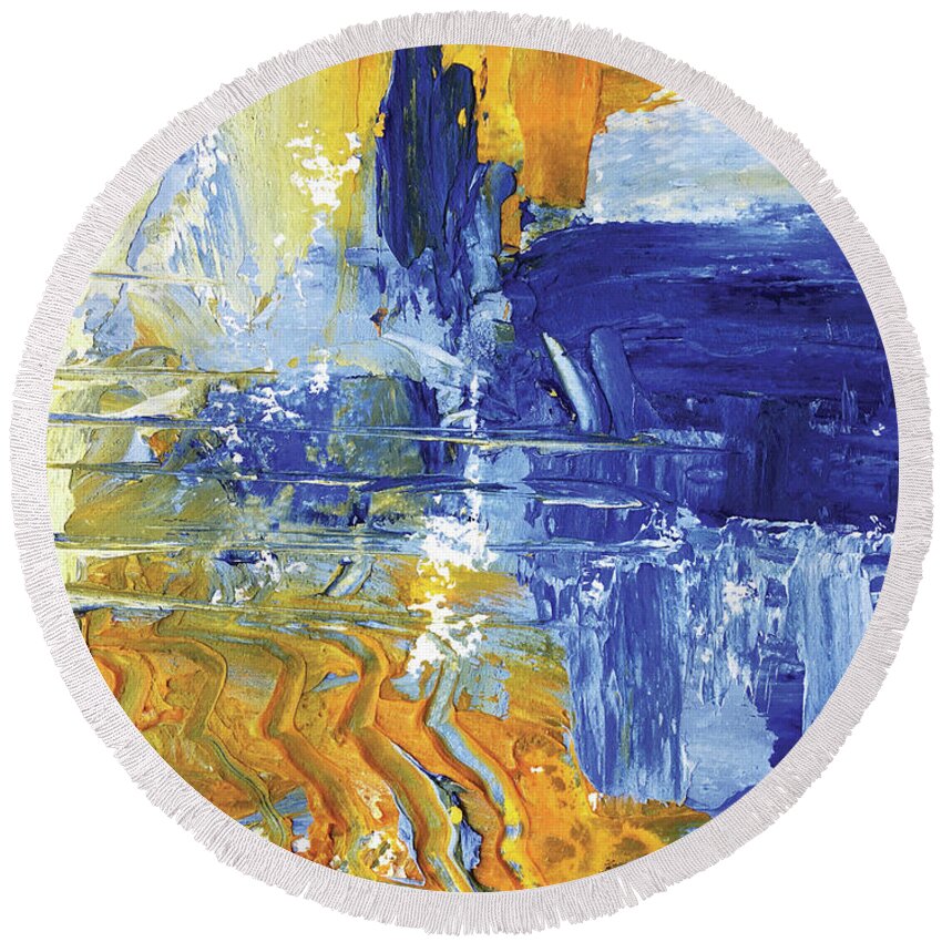 Oil And Cold Wax Round Beach Towel featuring the painting Reflection on Blue Falls by Christine Chin-Fook