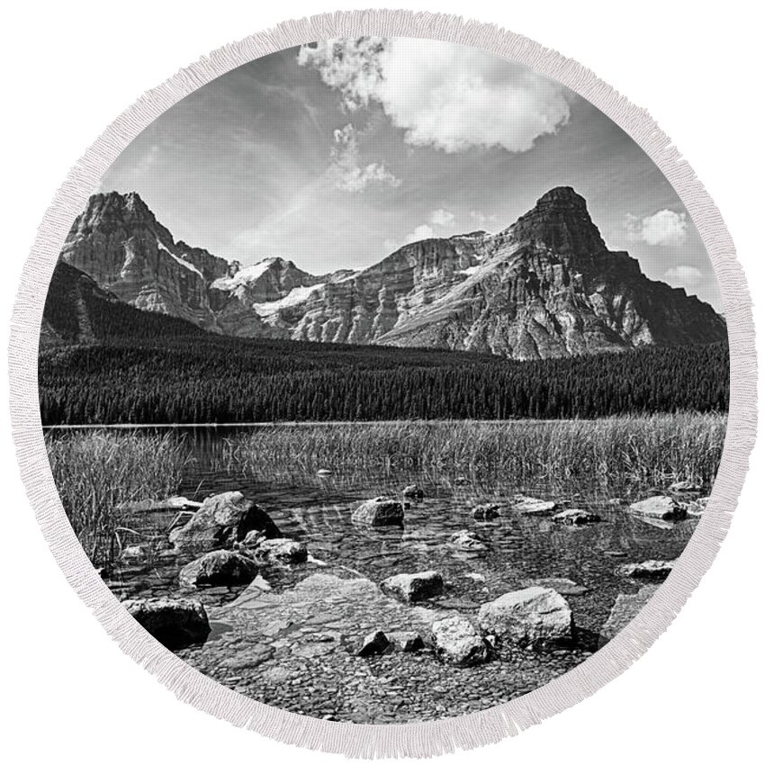 Banff Round Beach Towel featuring the photograph Reflection on Waterfowl Lake Banff National Park Alberta Canada Rocky Black and White by Toby McGuire