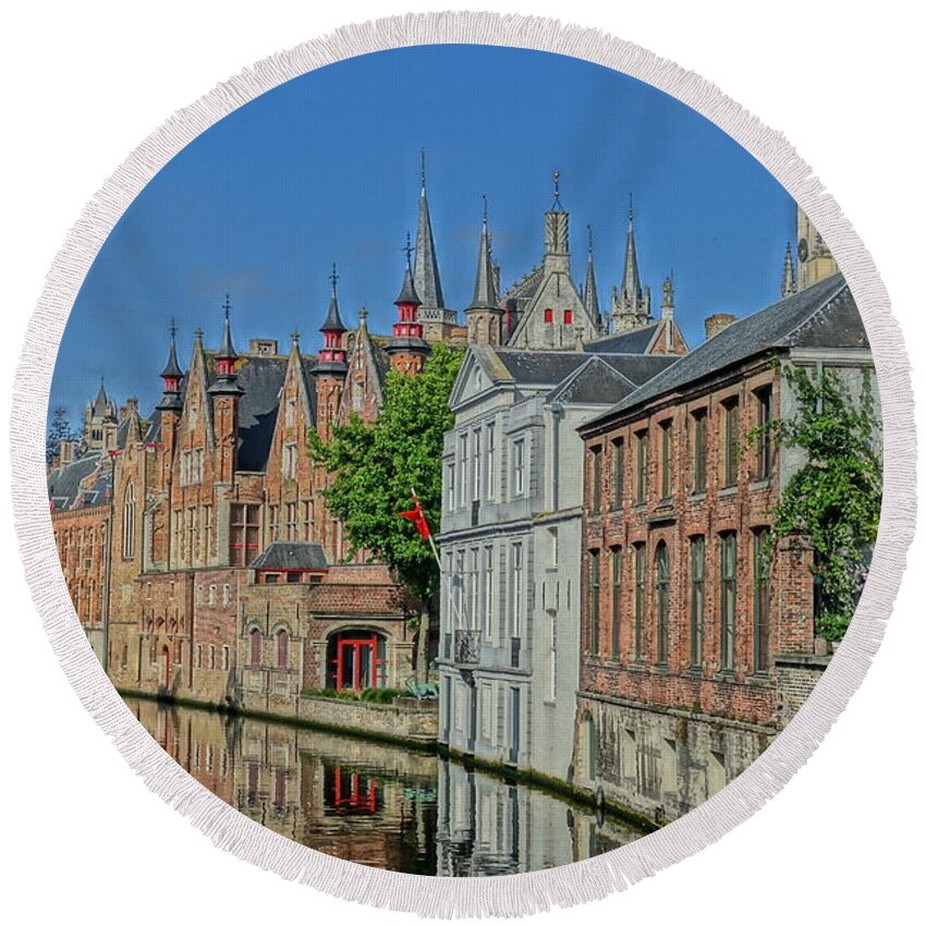Reflection Round Beach Towel featuring the photograph Reflections along Bruges Canal by Patricia Caron