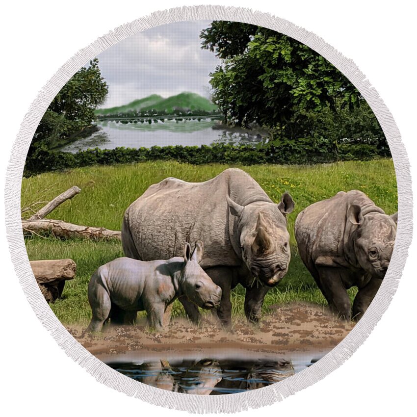 Rhinoceroses Round Beach Towel featuring the mixed media Reflections by Gary F Richards