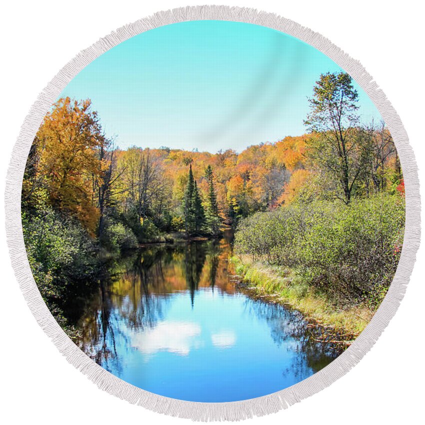 Autumn Colors Round Beach Towel featuring the photograph Reflections of Fall in Wisconsin by Dawn Richards