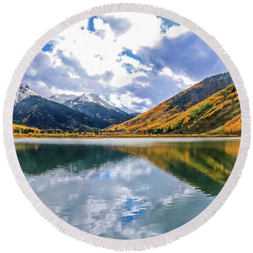 Aspen Tree Round Beach Towel featuring the photograph Reflections on Crystal Lake 2 by Dawn Richards