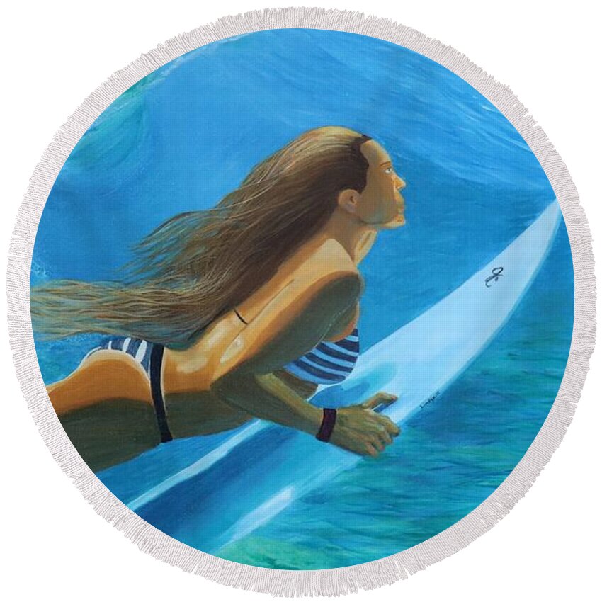 Surfer Round Beach Towel featuring the painting Refresh Surfer Girl by Jenn C Lindquist