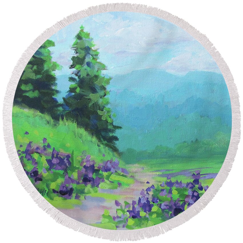 Cool Round Beach Towel featuring the painting Refreshing - a cool, colorful landscape painting by Karen Ilari