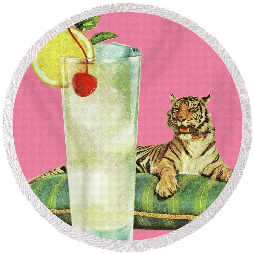Alcohol Round Beach Towel featuring the drawing Refreshing Beverage and a Tiger on a Pillow by CSA Images