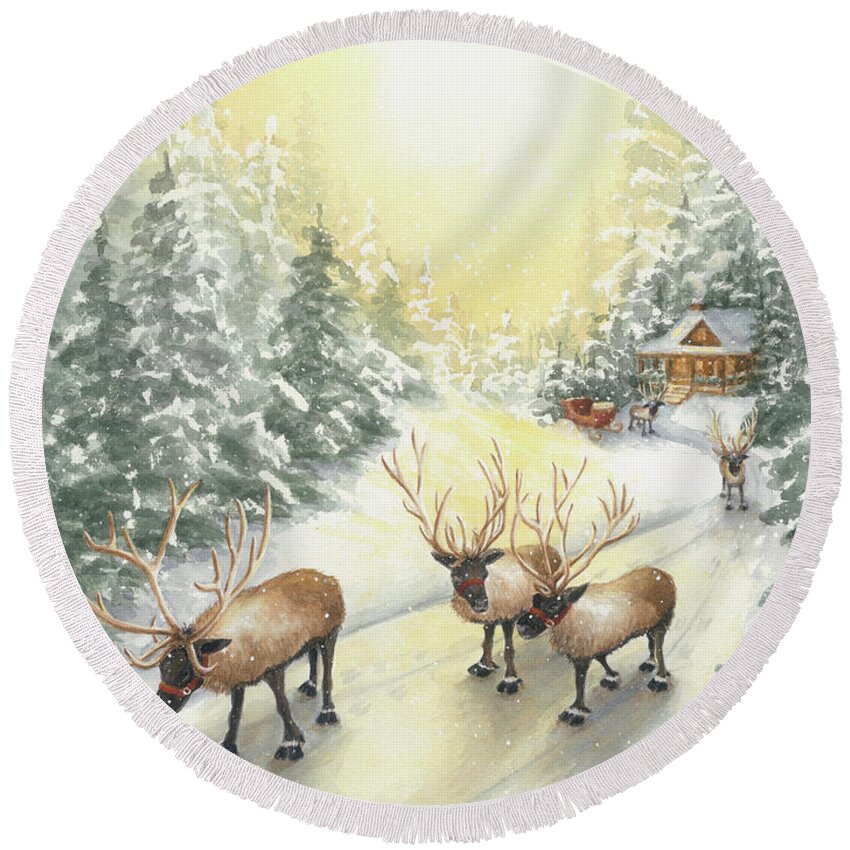 Reindeer Round Beach Towel featuring the painting Hoofing It Under the Midnight Sun by Lori Taylor