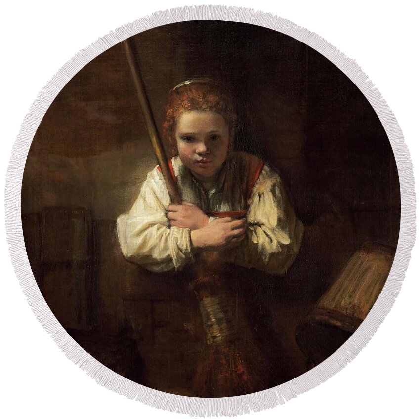 Oil On Canvas Round Beach Towel featuring the painting Rembrandt Workshop -Possibly Carel Fabritius- A Girl with a Broom. by Rembrandt Workshop -Possibly Carel Fabritius-
