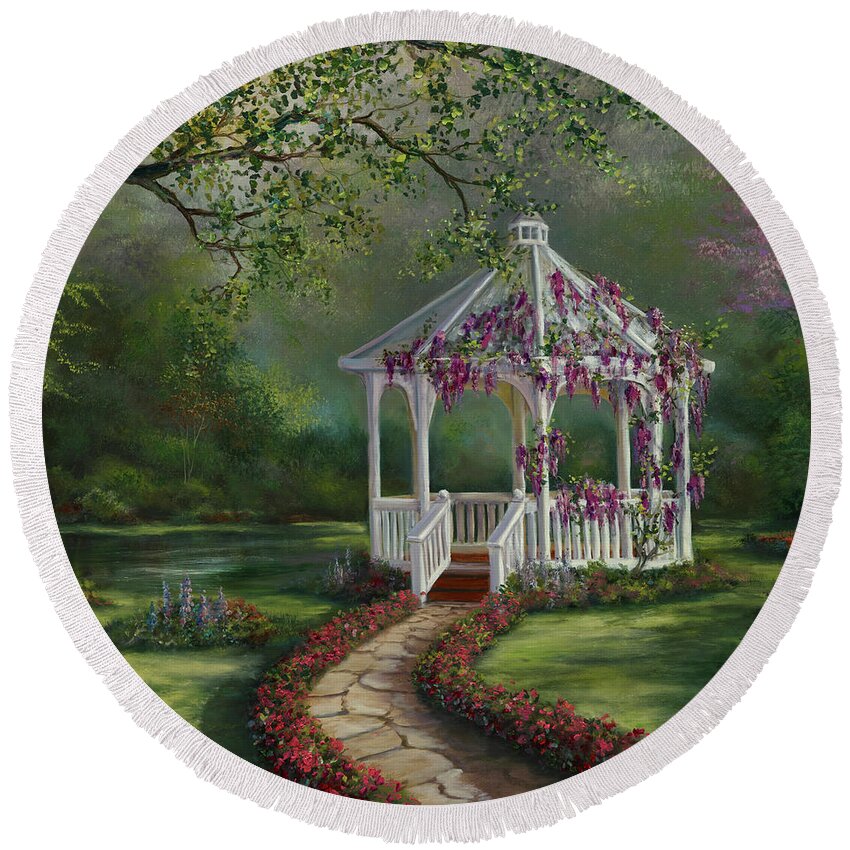 Gazebo Round Beach Towel featuring the painting Gazebo Rendezvous by Lynne Pittard