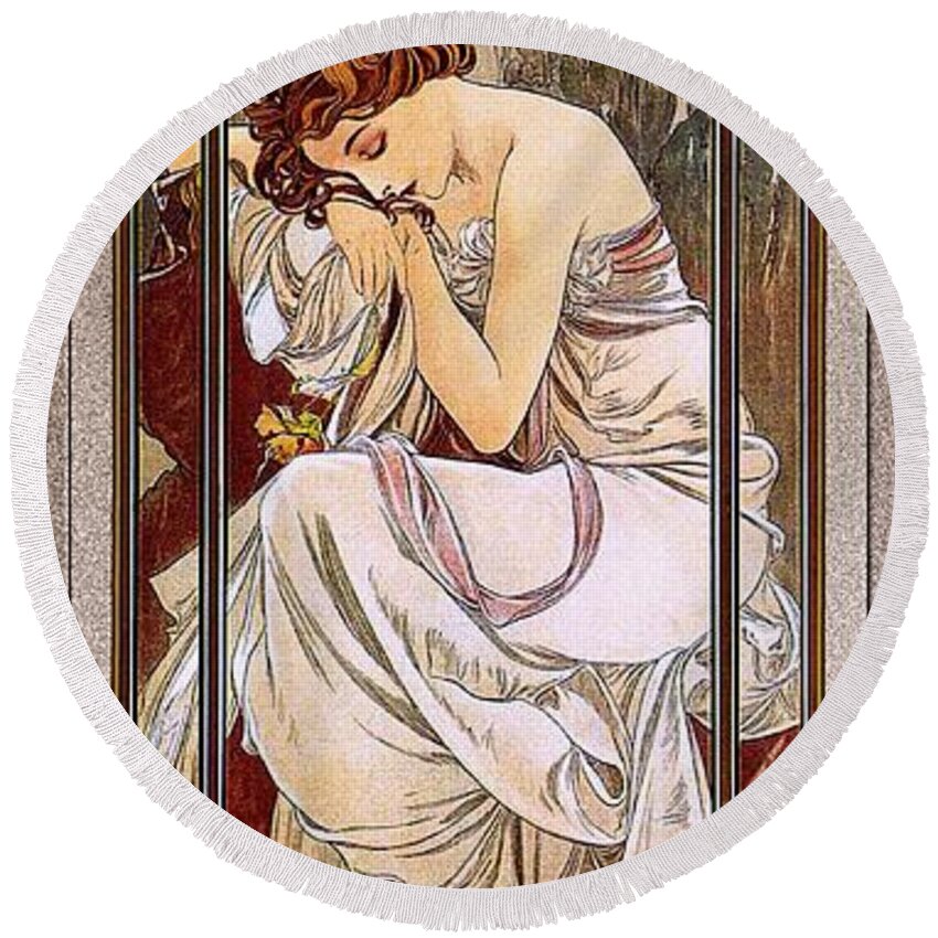 Rest Of The Night Round Beach Towel featuring the painting Rest Of The Night by Alphonse Mucha by Rolando Burbon