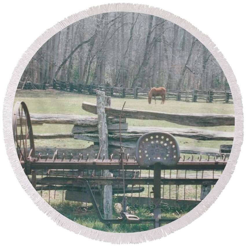 Farm Round Beach Towel featuring the photograph Restful and Rustic by Lois Tomaszewski