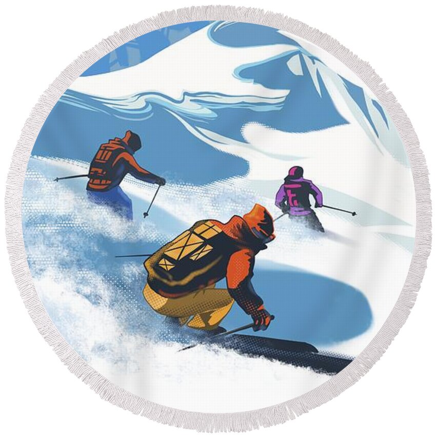 Skiing Round Beach Towel featuring the painting Retro Revelstoke Heliski Travel Poster by Sassan Filsoof