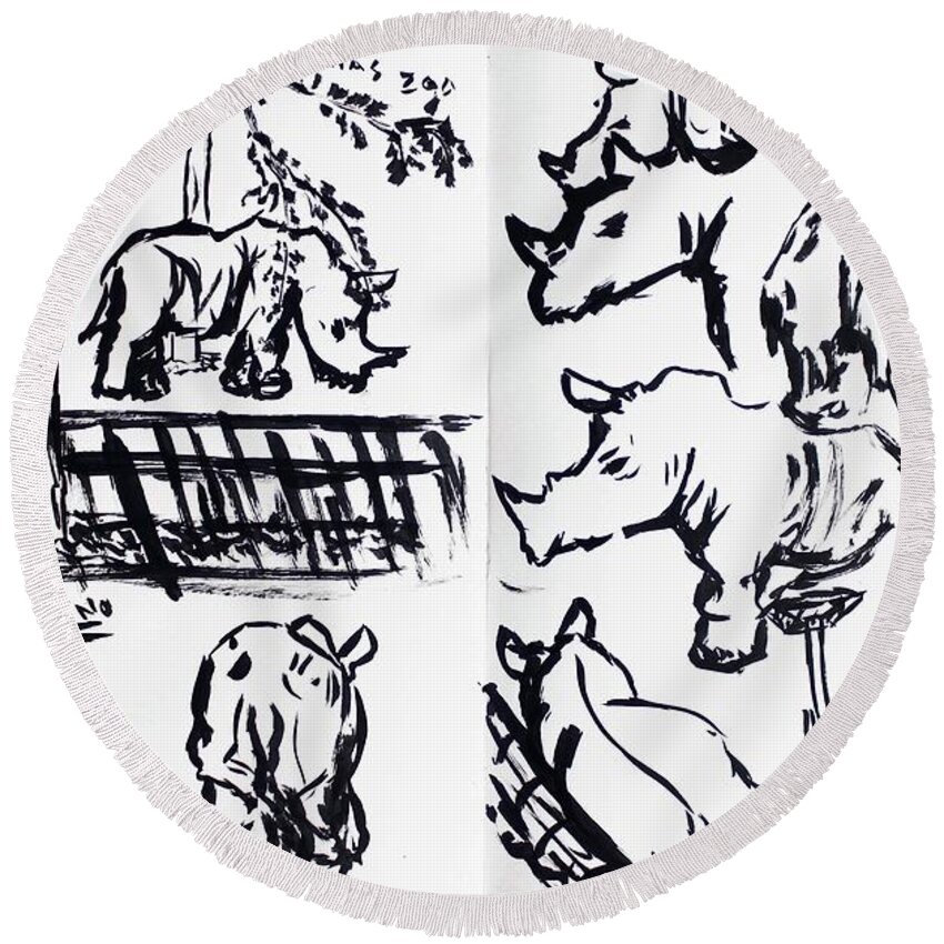 Ink Round Beach Towel featuring the painting Rhino Life Drawing Study Sketch by Odalo Wasikhongo