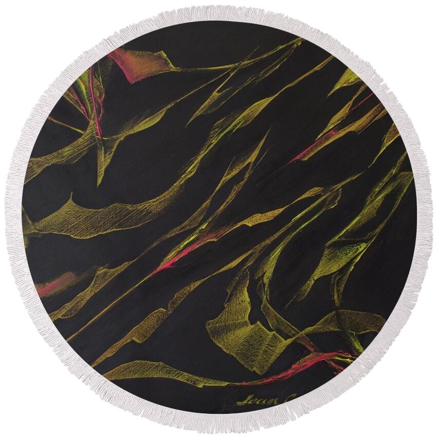Abstract Oil Painting Round Beach Towel featuring the painting Ribbon Stung by Sean Connolly