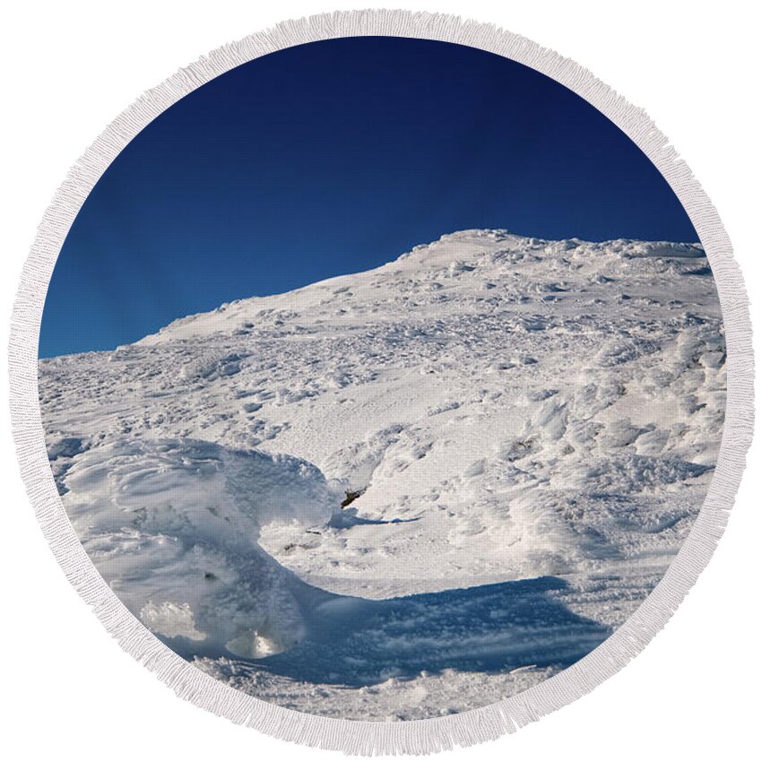 New Hampshire Round Beach Towel featuring the photograph Rime and Snow, and Mountain Trolls. by Jeff Sinon