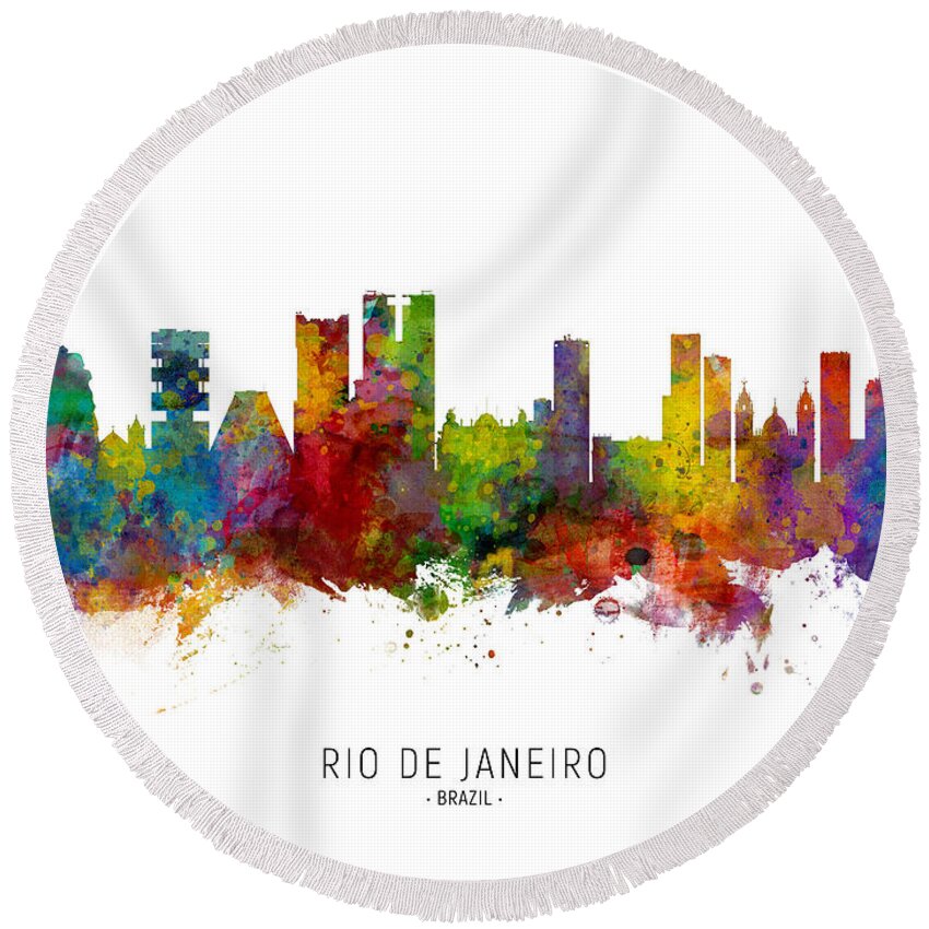 Rio De Janeiro Round Beach Towel featuring the digital art Rio de Janeiro Brazil Skyline by Michael Tompsett