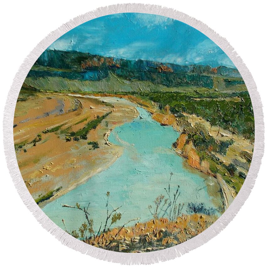 Texas Round Beach Towel featuring the painting Rio Grand Crossing at Big Bend by Lilibeth Andre