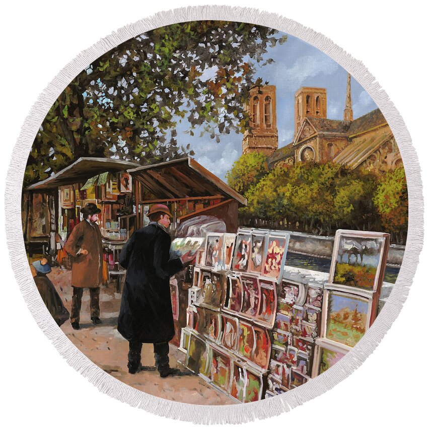 Paris Round Beach Towel featuring the painting Rive gouche by Guido Borelli